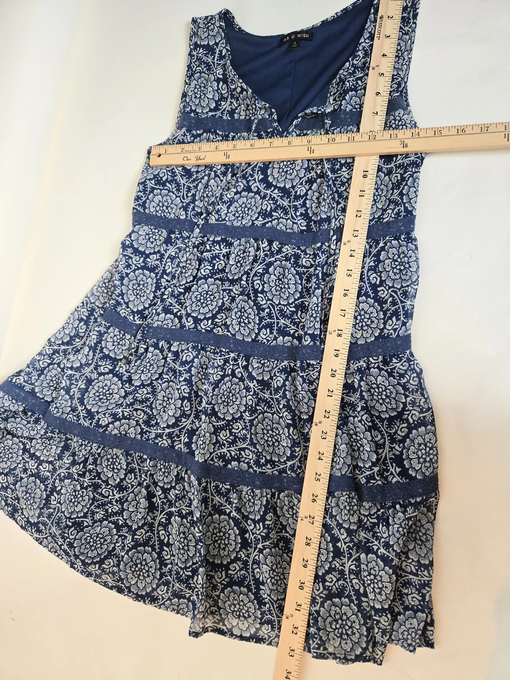 AS U WISH✨ Sleeveless Navy Blue Tiered Floral Airy V-Neck Boho Dress Size Small